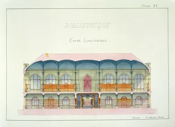 Querschnitt einer Bibliothek, Tafel XV aus einem Folioband von Entwürfen, ca. 1870